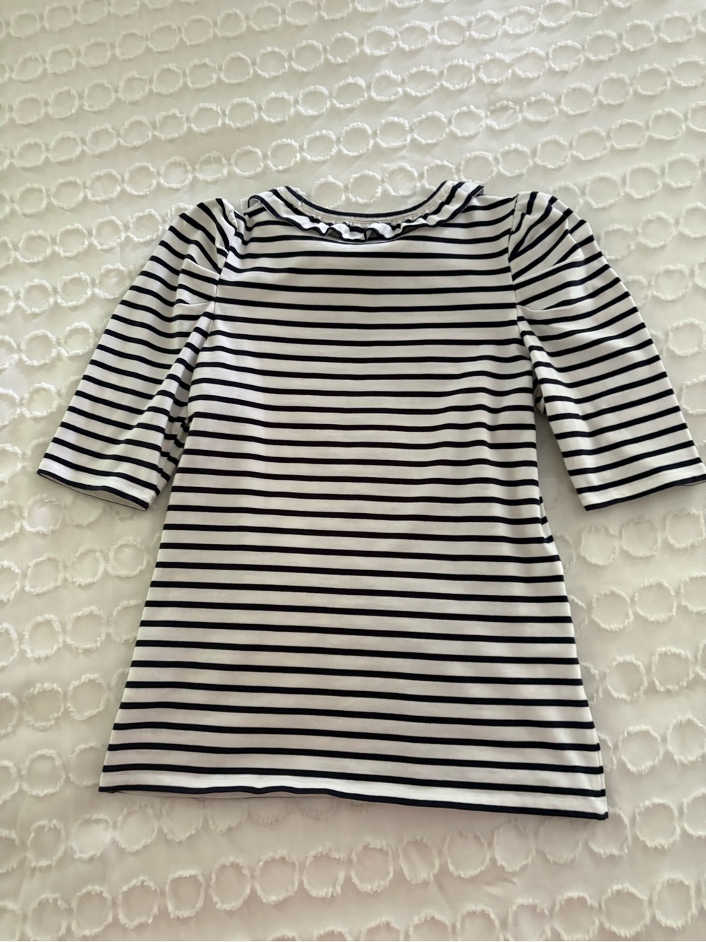 Boden (6) Striped Navy & White Top with Pleated Sleeves and Soft Ruffled Collar.